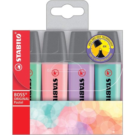 Estojo 4 Marcadores Fluorescente Pastel Stabilo Boss 70/4-2 Cores Sortidos